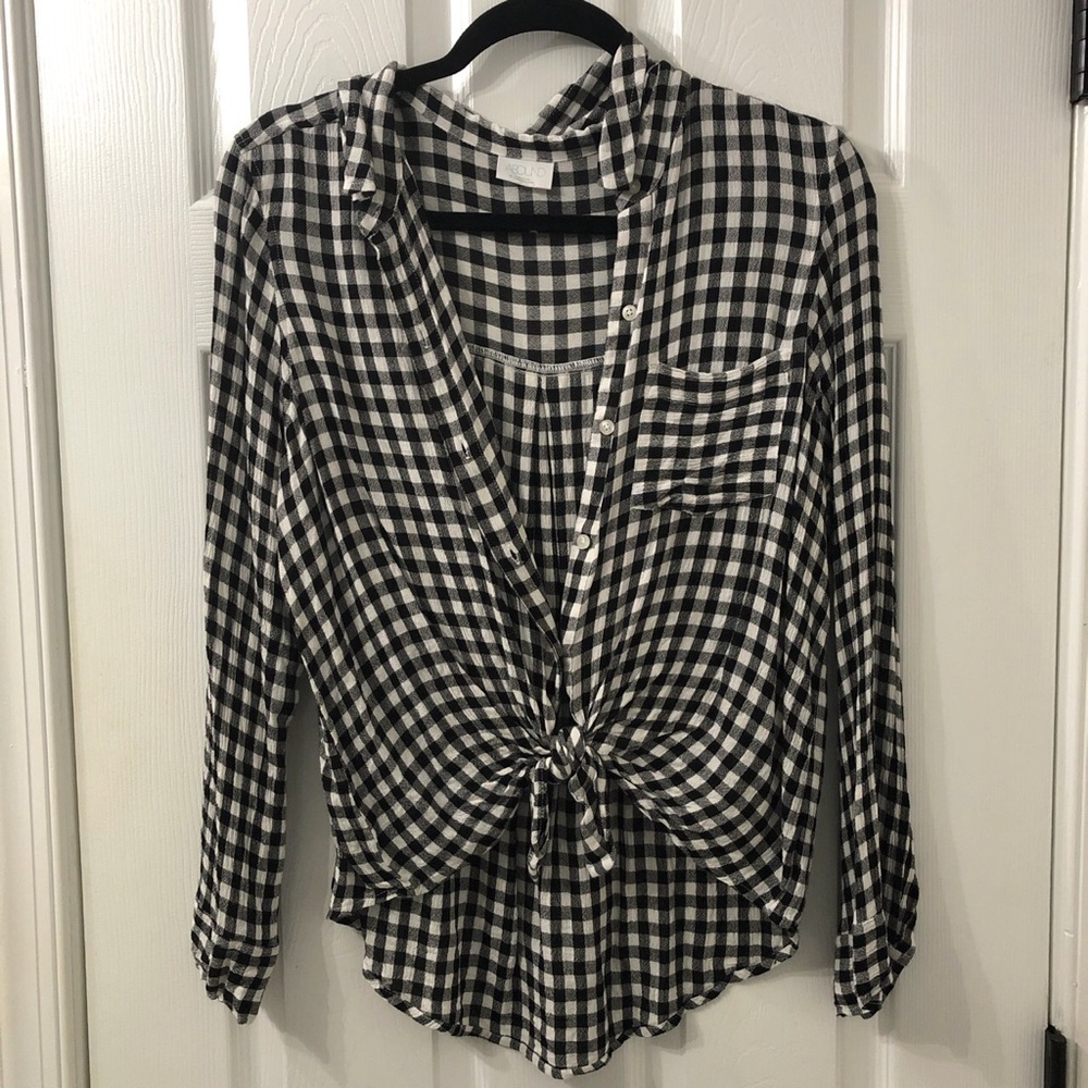 Checker print button down shirt with ends tied